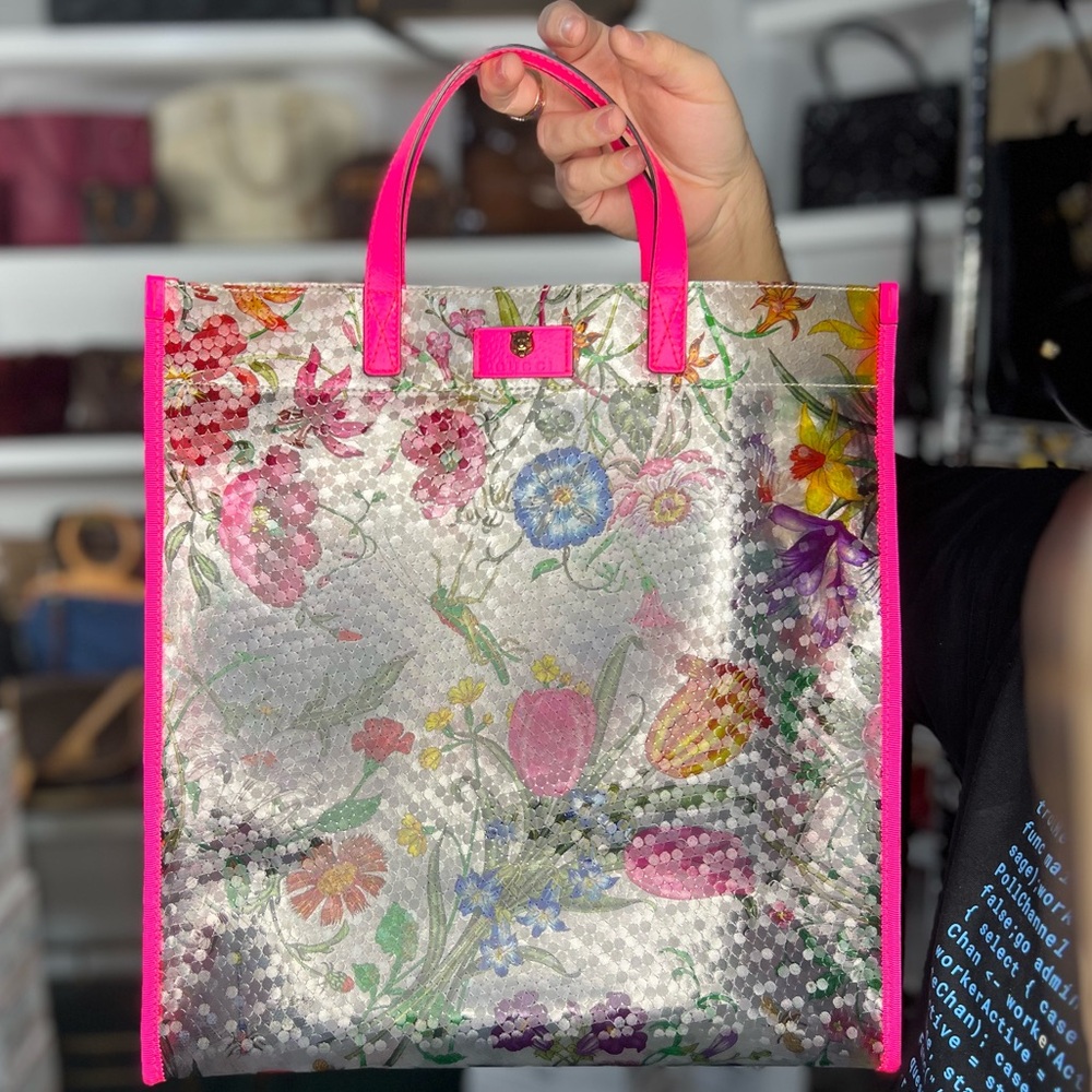 Gucci Floral PVC Tote with Hot Pink Trim